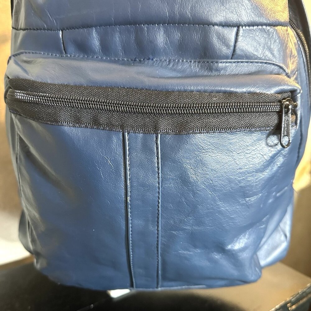 Genuine Leather Backpack Blue Front Pocket Zip Closure Lightweight - Picture 4 of 7